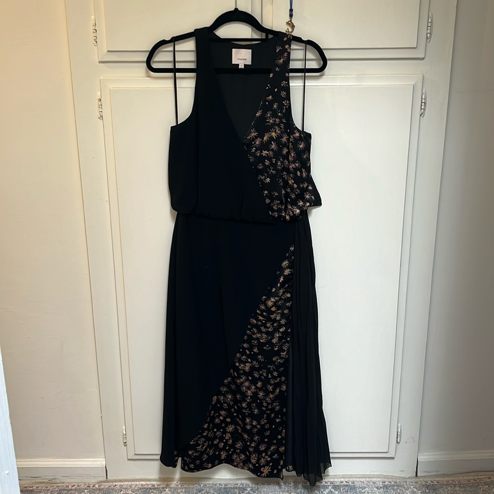 Cinq à Sept Black Midi Dress with Gold Floral Pattern